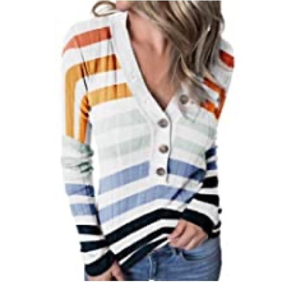 MEROKEETY Striped Sweater Knit 1/4 Button pullover Long Sleeve size M - Picture 3 of 11